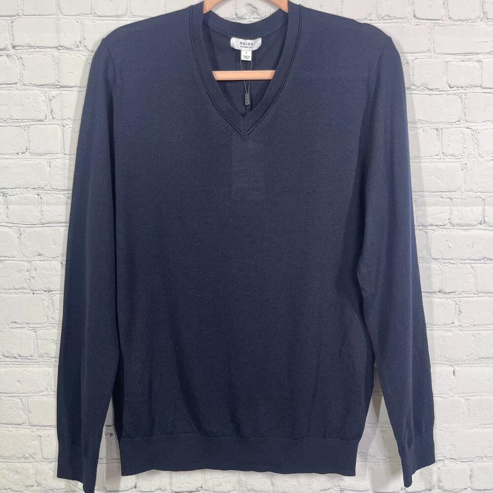 Reiss Sweater Men Large slim fit Merino Wool Blue Navy V neck